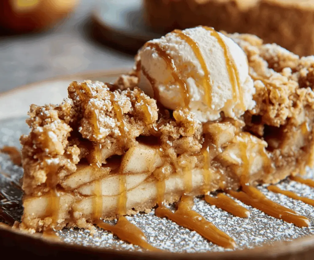 Delicious Toffee Apple Crumble Pie with caramelized apples, crunchy crumble topping, and a golden crust, perfect for dessert or a sweet treat.