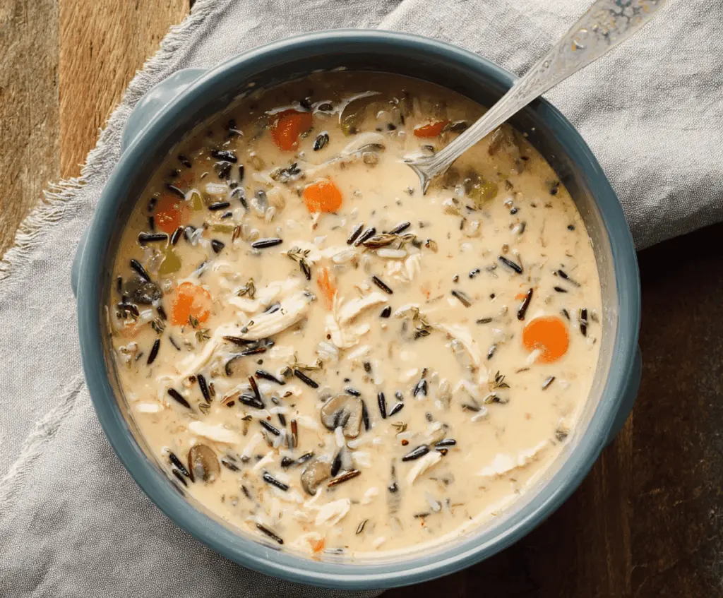 Creamy turkey wild rice soup served in a bowl with fresh herbs and a side of crusty bread, perfect for a comforting meal.