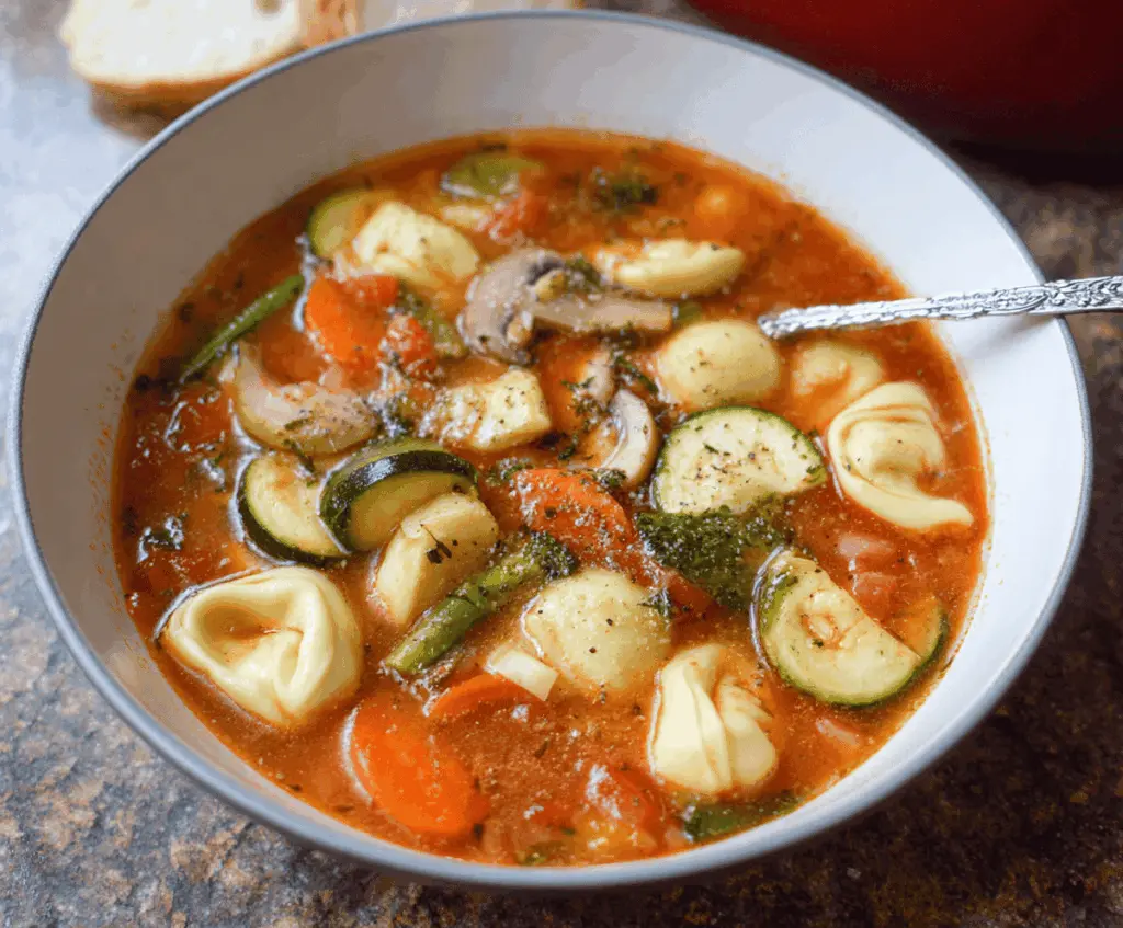 Hearty vegetable tortellini soup with colorful vegetables and melted cheese in a bowl, perfect for a warm and satisfying meal