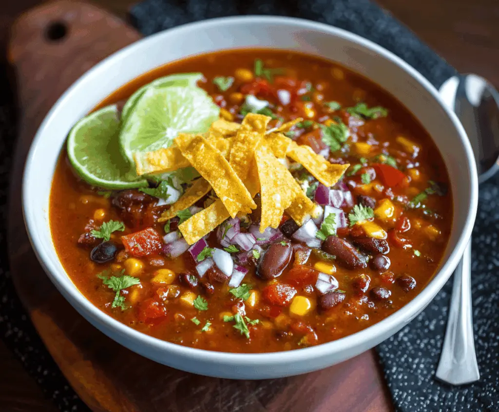 Colorful vegetarian taco soup in a bowl with fresh vegetables, beans, and toppings, perfect for a hearty and healthy meal.