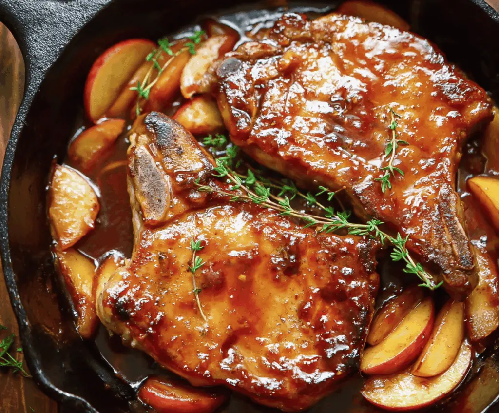 Juicy pork chops topped with rich apple butter sauce, garnished with fresh herbs on a rustic wooden table.