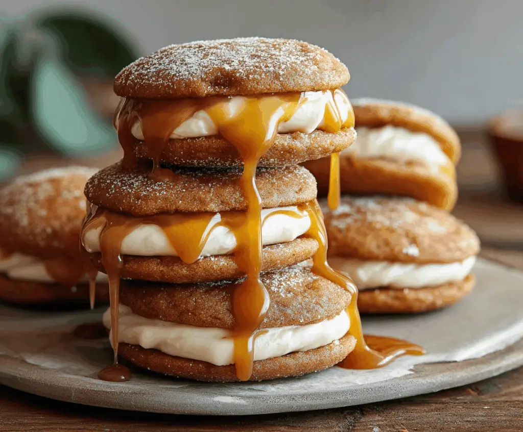 Delicious apple cider whoopie pie cookies filled with creamy caramel filling, perfect for fall treats