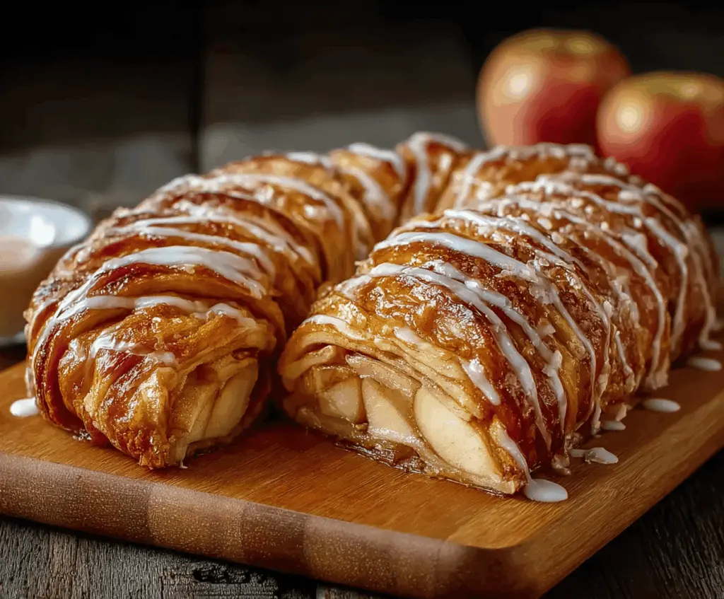 Delicious homemade Apple Kringle topped with smooth vanilla glaze and fresh apple slices, perfect for fall desserts.