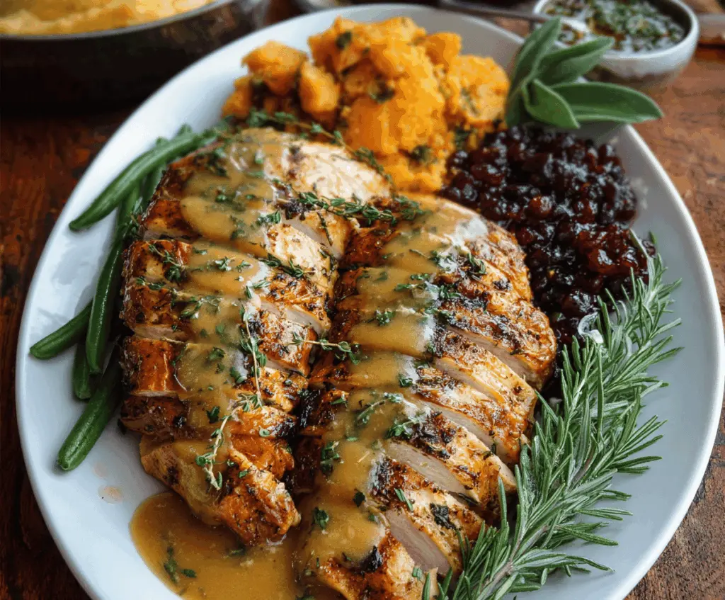 Delicious homemade Brown Butter Herb Turkey Gravy served in a rustic bowl, perfect for Thanksgiving or holiday dinners.