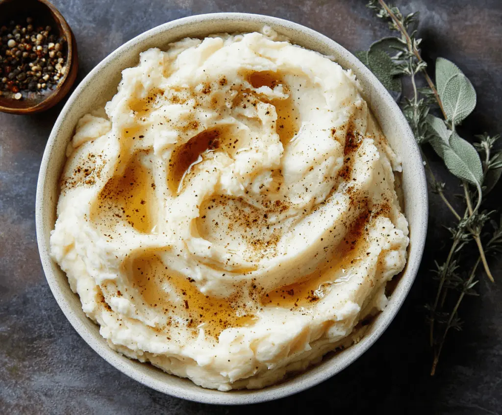 Creamy brown butter mashed potatoes served as a delicious Thanksgiving side dish