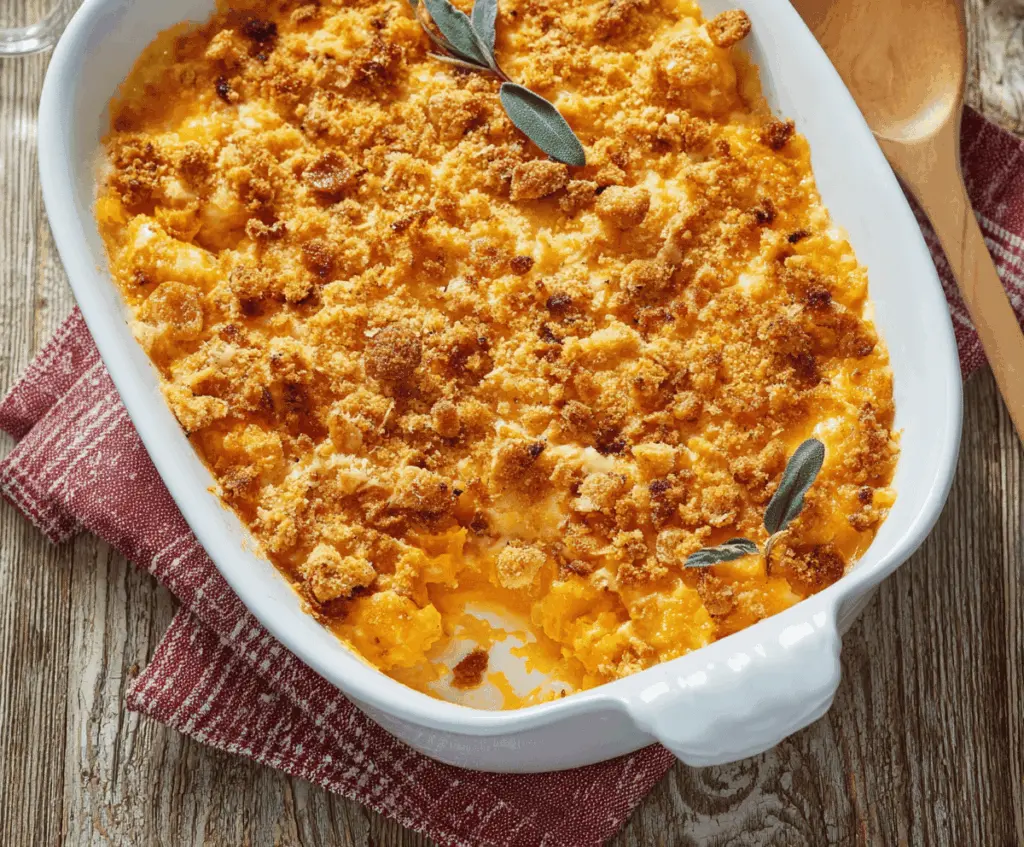 Creamy cheesy butternut squash casserole topped with golden breadcrumbs, perfect for a cozy fall meal