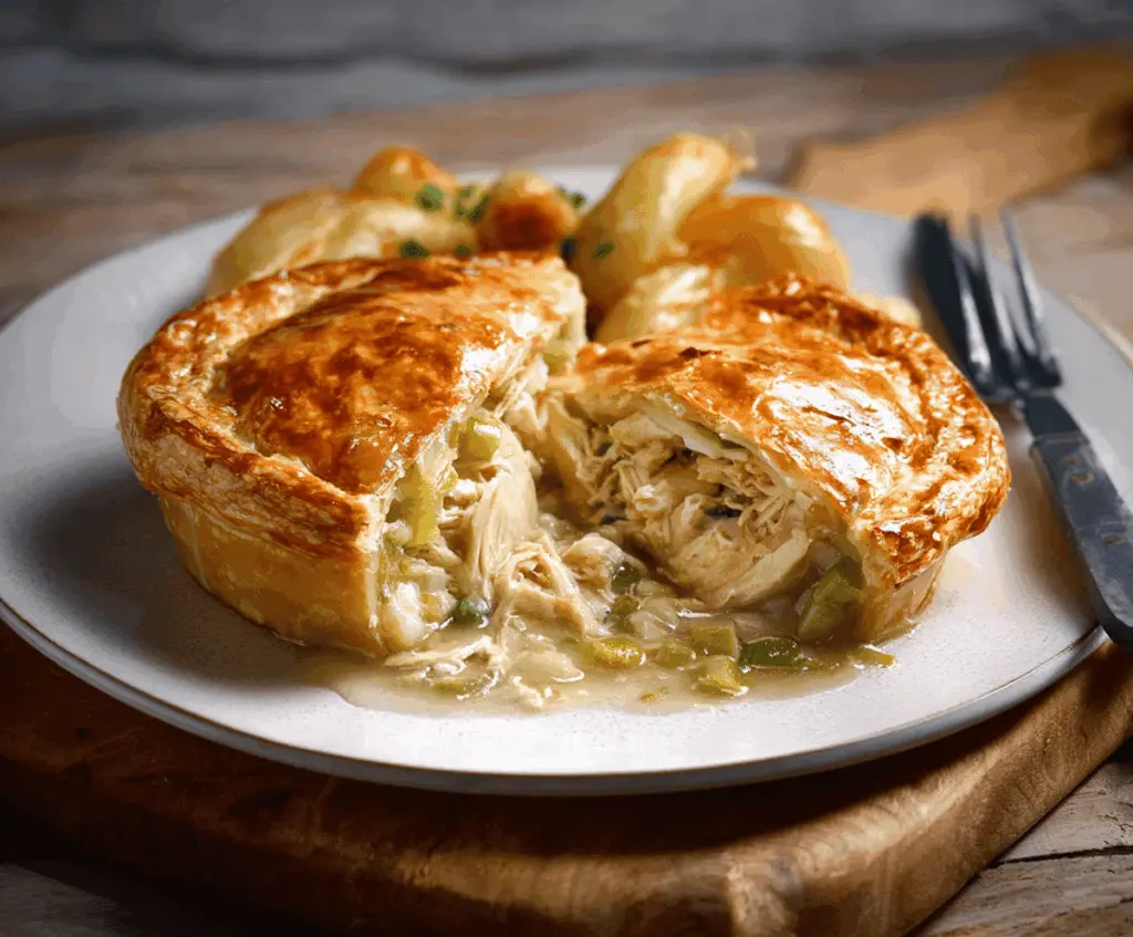 Golden baked chicken and leek pie topped with a flaky crust, served on a rustic wooden table, perfect for a comforting homemade meal.