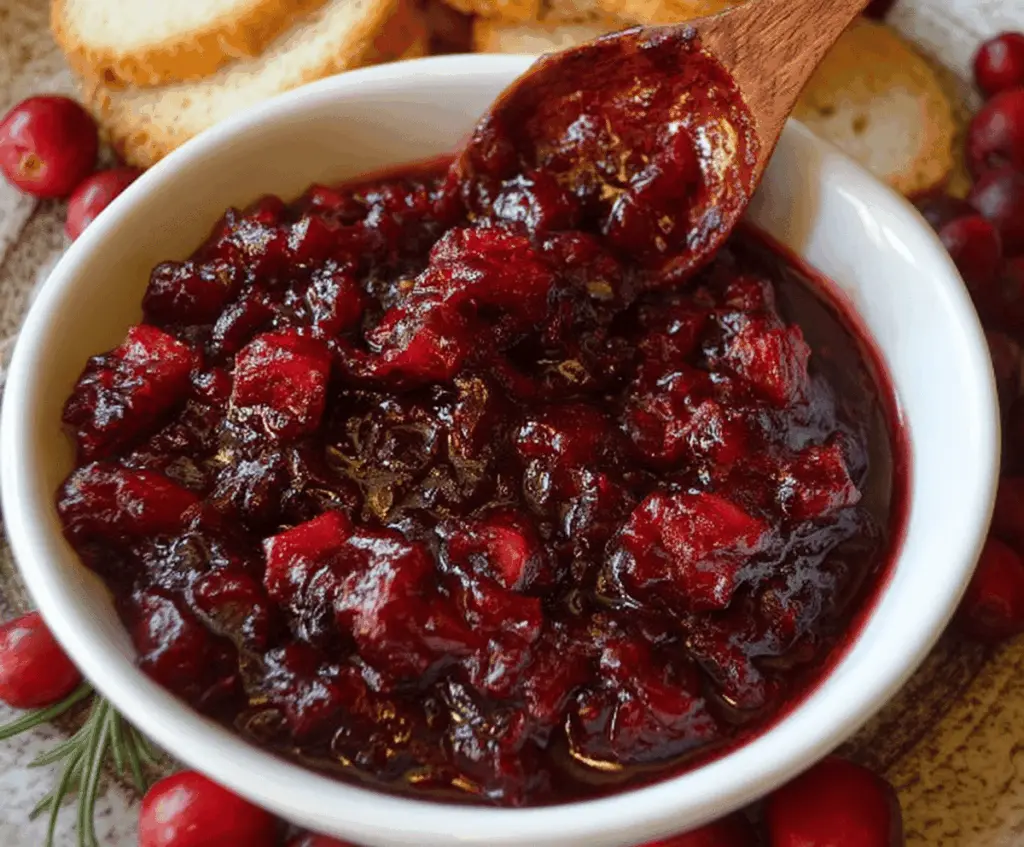 Bright and flavorful cranberry-apple chutney served in a bowl, perfect as a festive condiment.