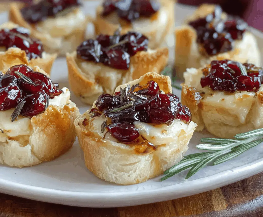 Delicious Cranberry Brie Bites topped with fresh cranberries and herbs, perfect for appetizers and parties