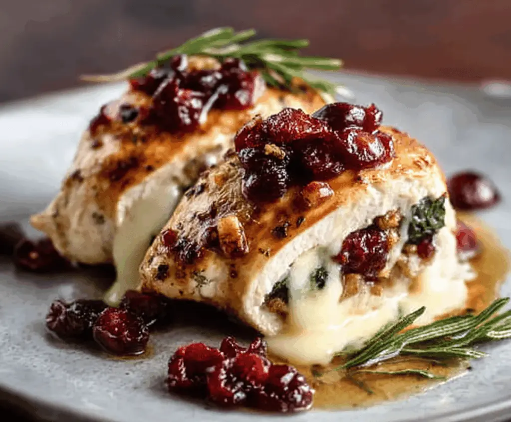 Juicy stuffed chicken breast filled with cranberry and melted Brie cheese, garnished with fresh herbs, ready to serve.