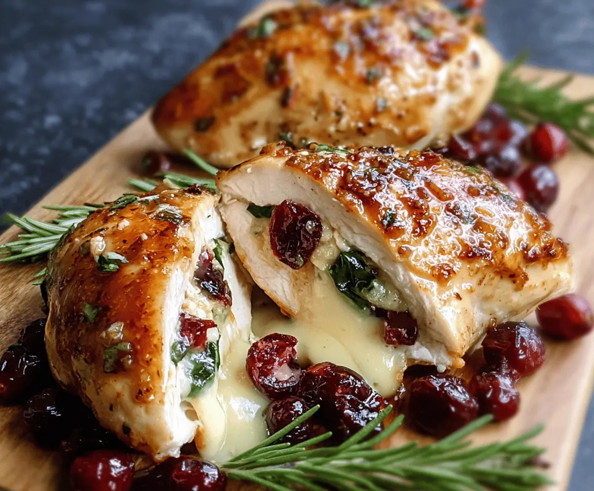Cranberry brie stuffed chicken on a serving platter