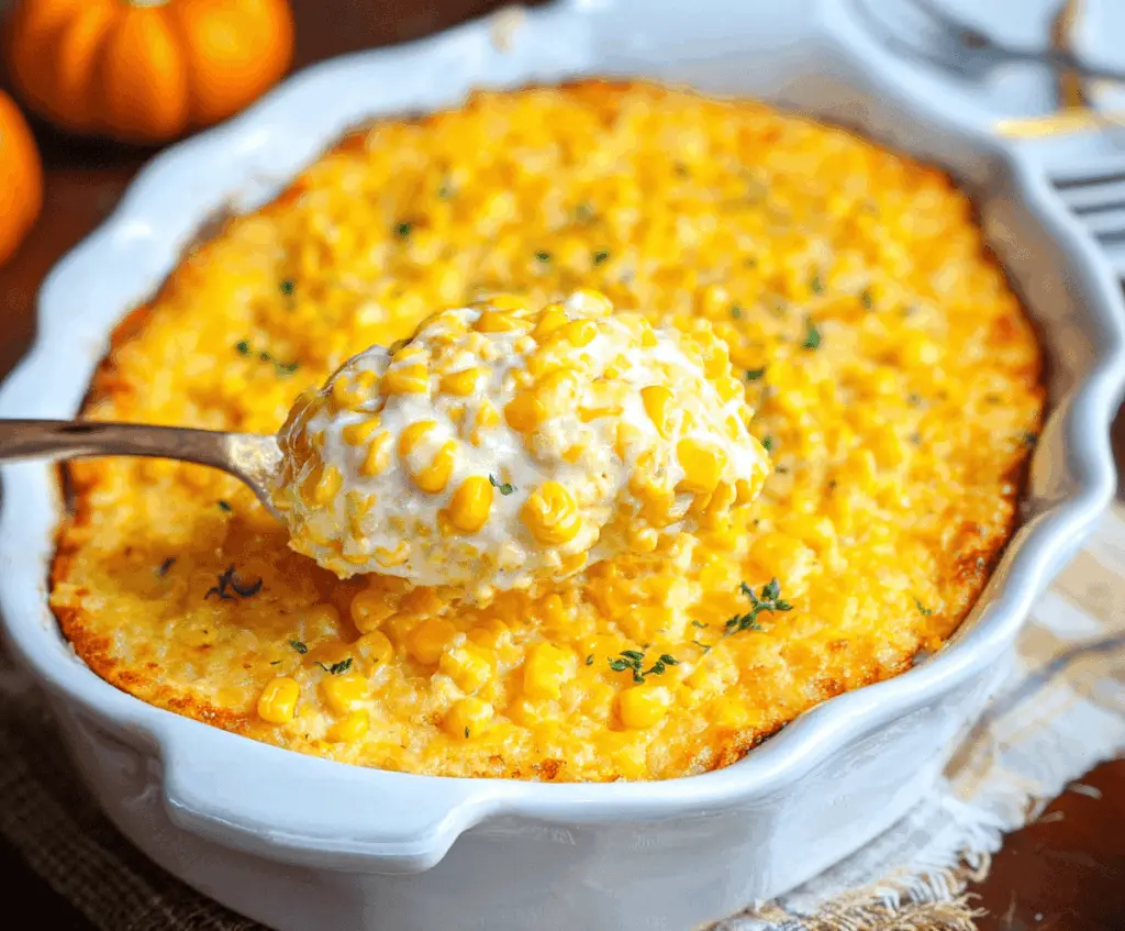 Delicious creamy corn casserole served in a baking dish, perfect for Thanksgiving dinner