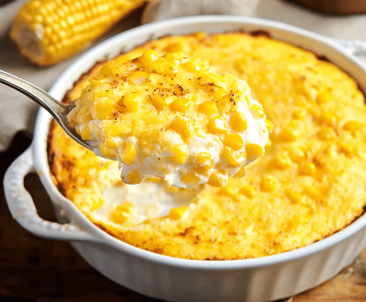 Creamy corn casserole baked until golden