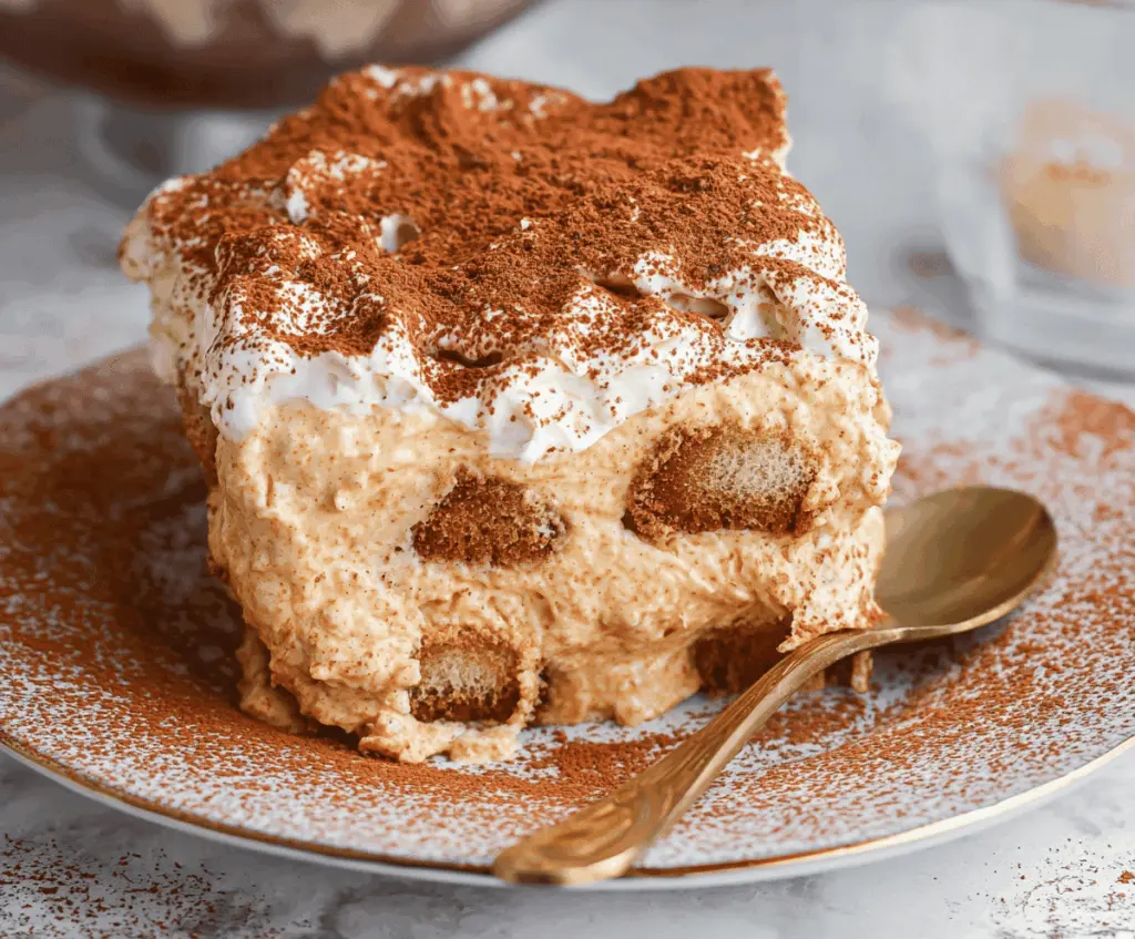 Delicious creamy pumpkin spice tiramisu layered with coffee-soaked ladyfingers and whipped mascarpone, garnished with cinnamon and pumpkin seeds for a festive dessert.