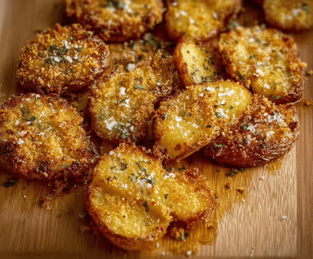 Crispy Parmesan Smashed Potatoes served on a plate with fresh herbs, golden and crispy exterior, perfect for a flavorful side dish