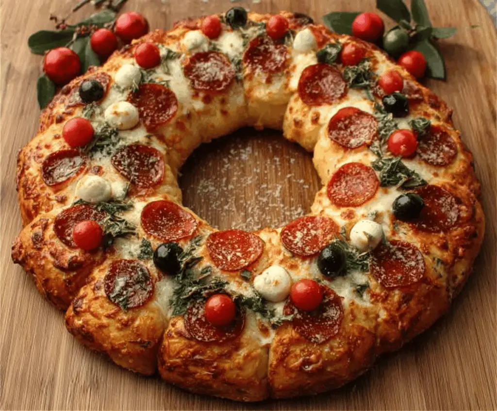Delicious easy wreath pizza with fresh ingredients baked to perfection.