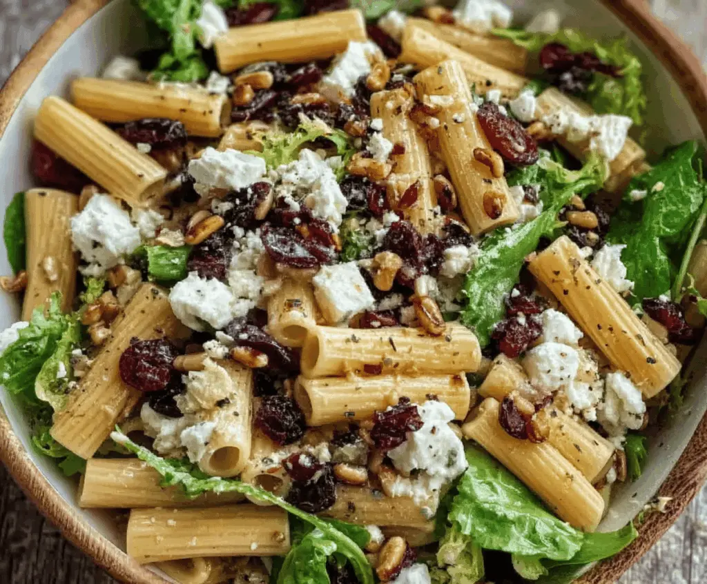 Colorful Feta and Cranberry Rigatoni Salad in a bowl, featuring pasta, crumbled feta cheese, cranberries, and fresh herbs, perfect for a tasty and refreshing meal.