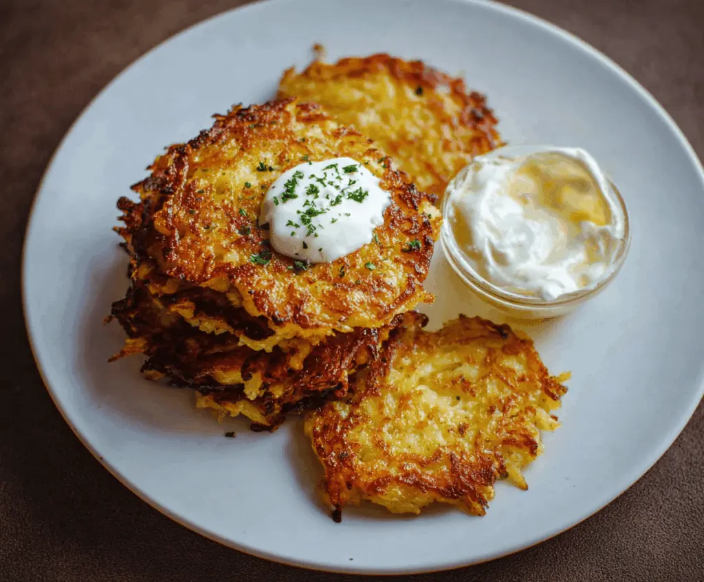 Golden crispy German Potato Pancakes served with applesauce on a plate, ready to enjoy