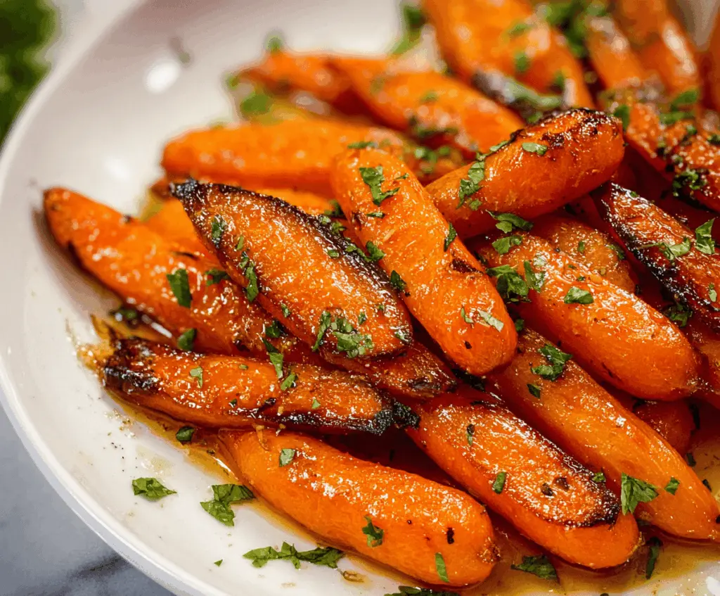 Colorful glazed carrots garnished with fresh herbs on a white plate, perfect for a flavorful side dish.