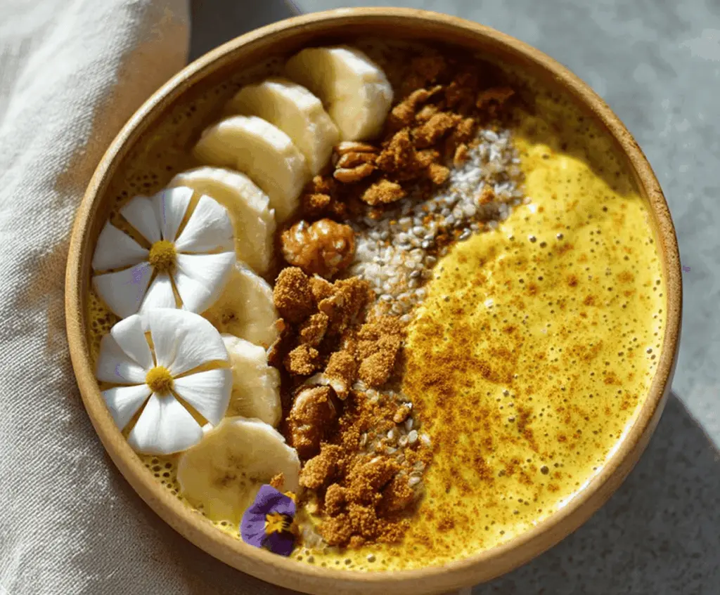 Creamy Golden Milk Chia Breakfast Bowl topped with fresh fruit and nuts, featuring vibrant turmeric-infused chia pudding for a healthy, energizing start to your day.