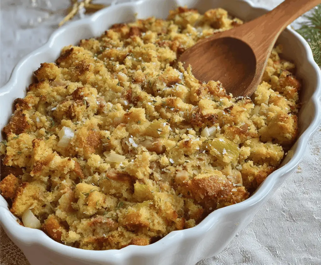 Delicious homemade Thanksgiving dressing prepared by grandma, featuring a simple classic recipe.