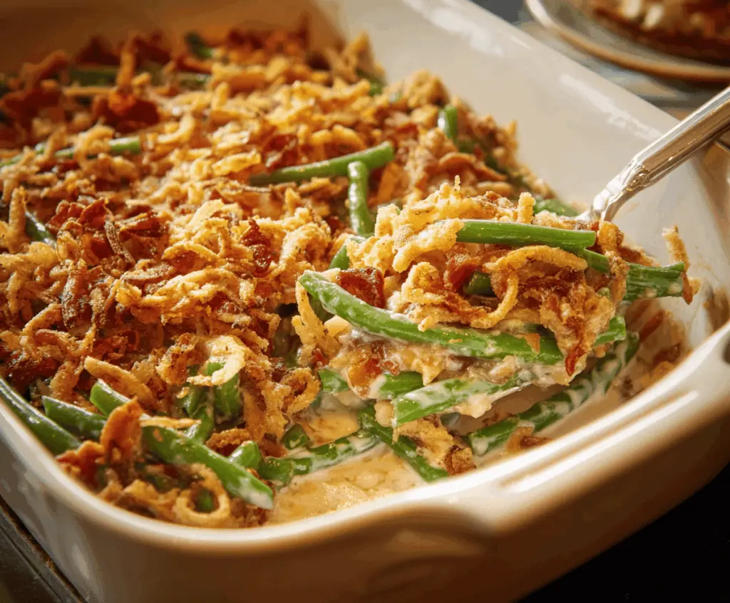 Creamy green bean casserole topped with crispy fried onions, served in a baking dish for a classic holiday side dish.