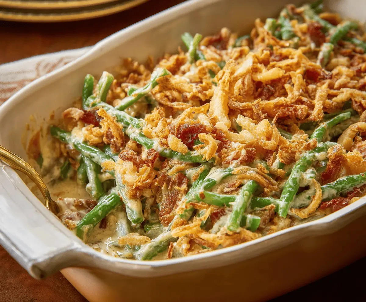Classic green bean casserole topped with crispy onions