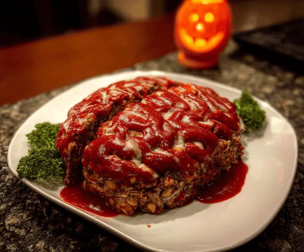 A spooky Halloween-themed brain-shaped meatloaf decorated with red sauce and olives, perfect for a Halloween party feast.