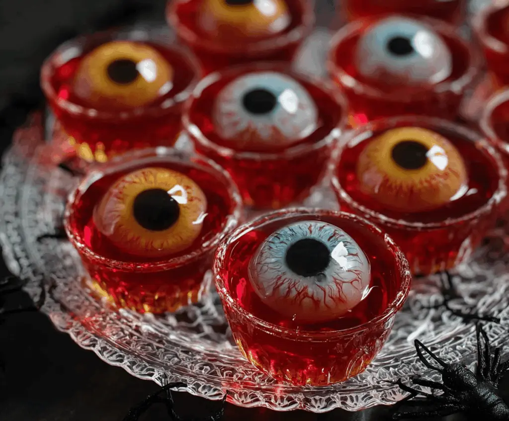 Spooky Halloween Eyeball Jello Shots with gummy eyeballs in blood-red gelatin, perfect for Halloween parties
