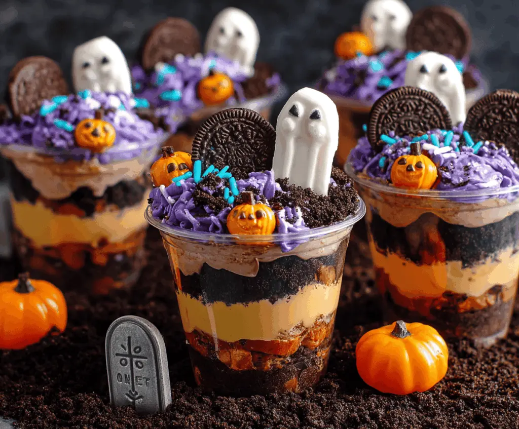 Delicious Halloween Graveyard Dirt Cups with gummy worms and spooky decorations for a festive treat