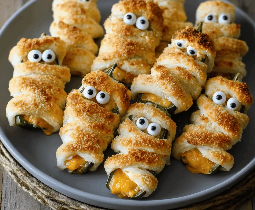 Spooky Halloween Jalapeño Popper Mummies with melted cheese and wrapped in crescent roll bandages on a festive platter