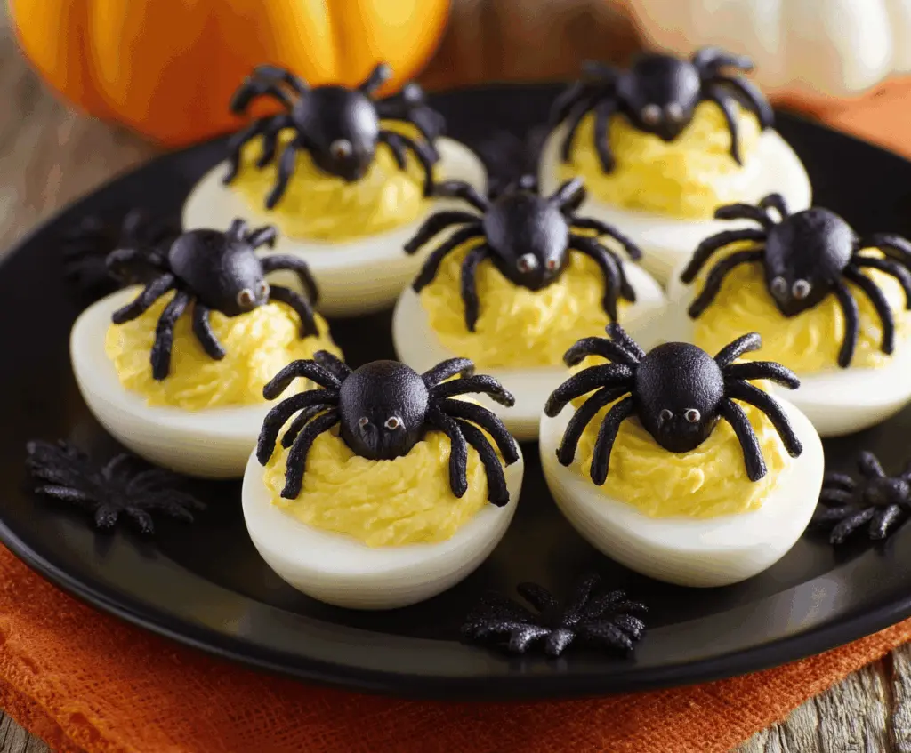 Decorative Halloween spider deviled eggs with black olive spider legs on a white plate for spooky party snacks