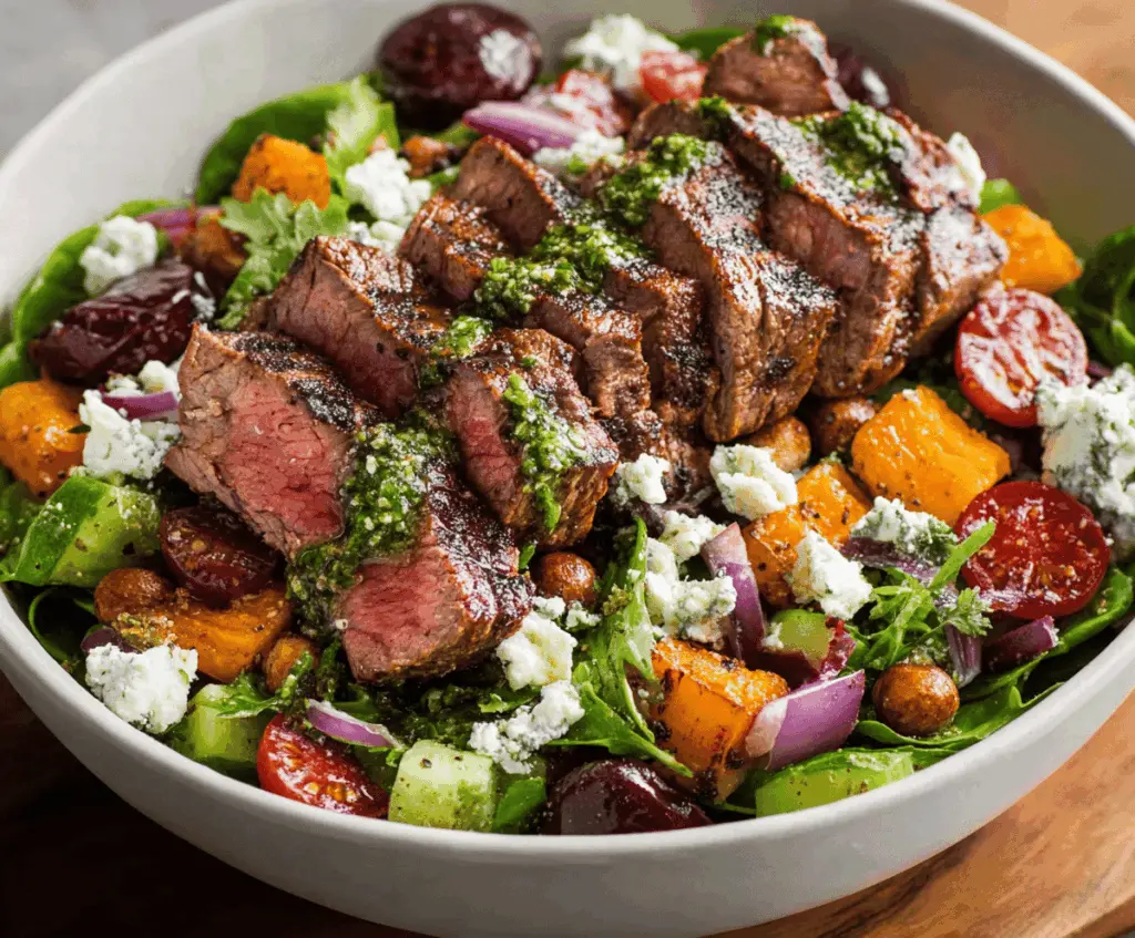 Fresh Harvest Steak Salad with mixed greens, cherry tomatoes, avocado slices, grilled steak strips, and a balsamic vinaigrette dressing.