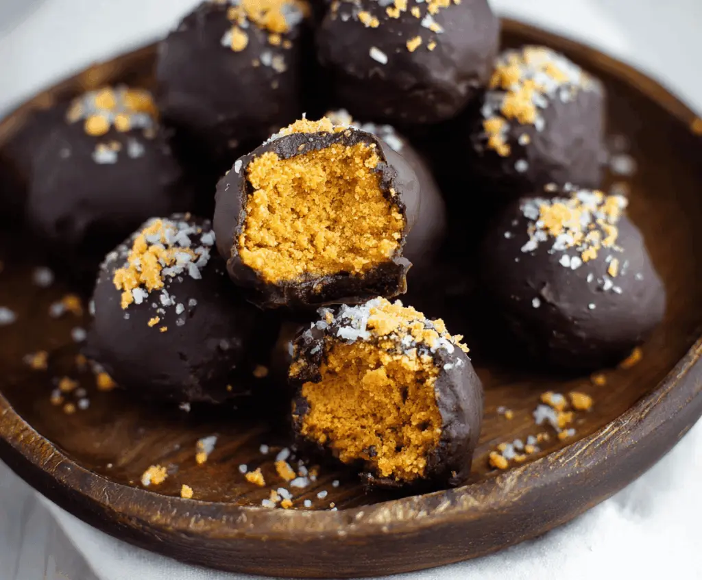 Delicious and healthy pumpkin truffles garnished with chopped nuts and fall spices on a rustic plate, perfect for a nutritious holiday treat.