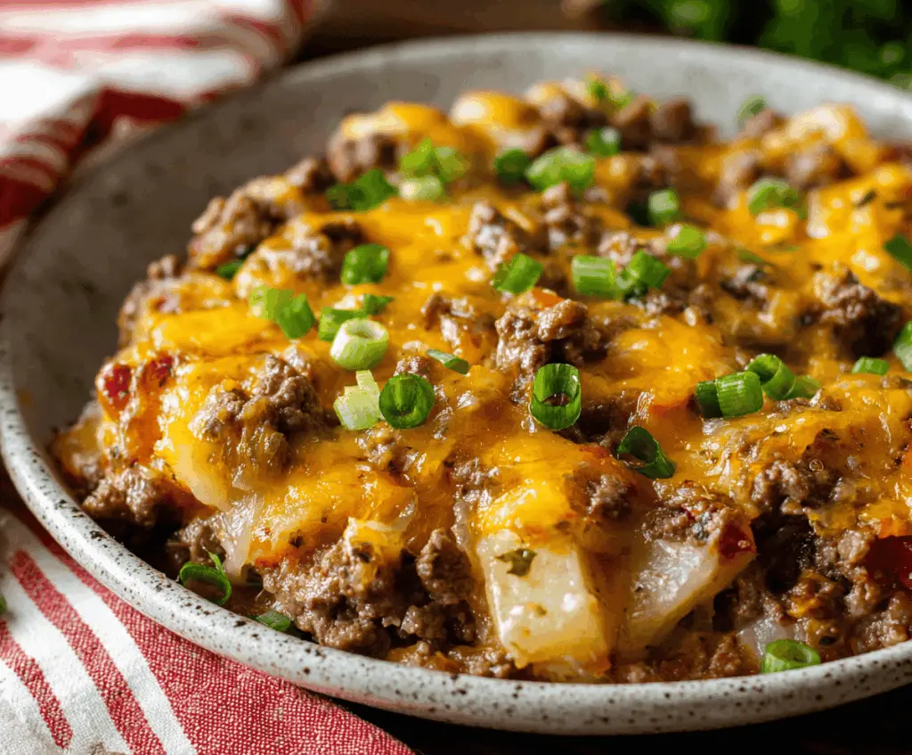 Delicious Hobo Casserole with Ground Beef in a baking dish, topped with melted cheese and fresh herbs, ready to serve