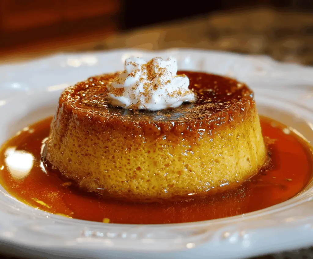 Creamy homemade pumpkin flan topped with caramel sauce, served in a glass ramekin, perfect for fall desserts.