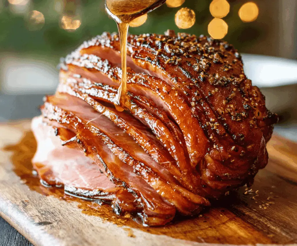 Delicious Honey-Garlic Spiral Ham garnished with herbs and served on a platter, perfect for holiday dinners