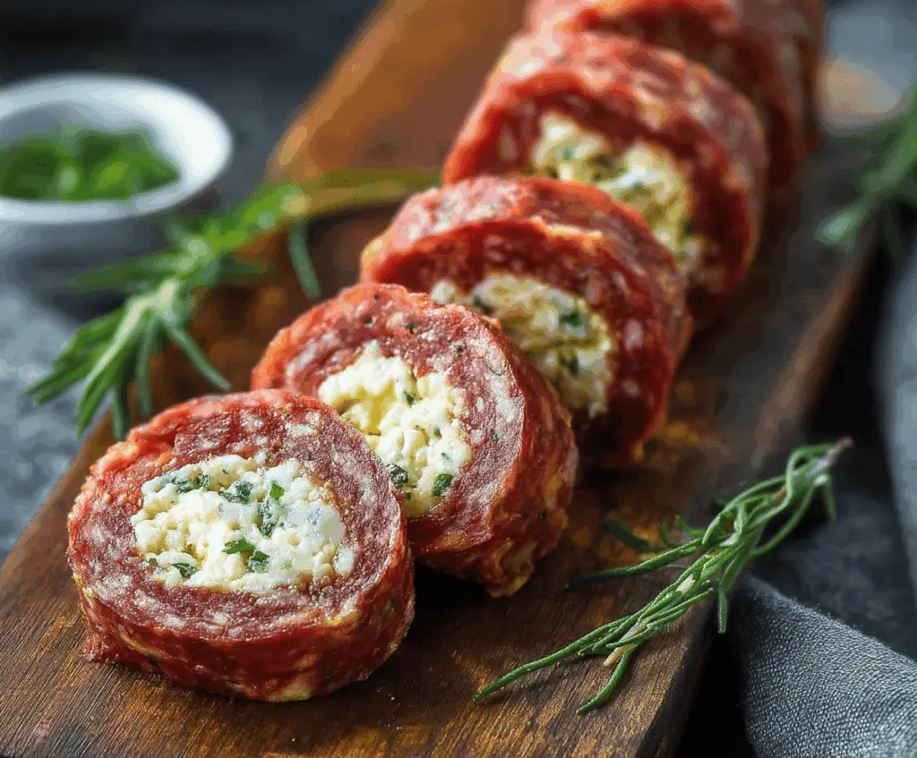 Keto salami roll-ups with cream cheese and herbs for low-carb snacking.