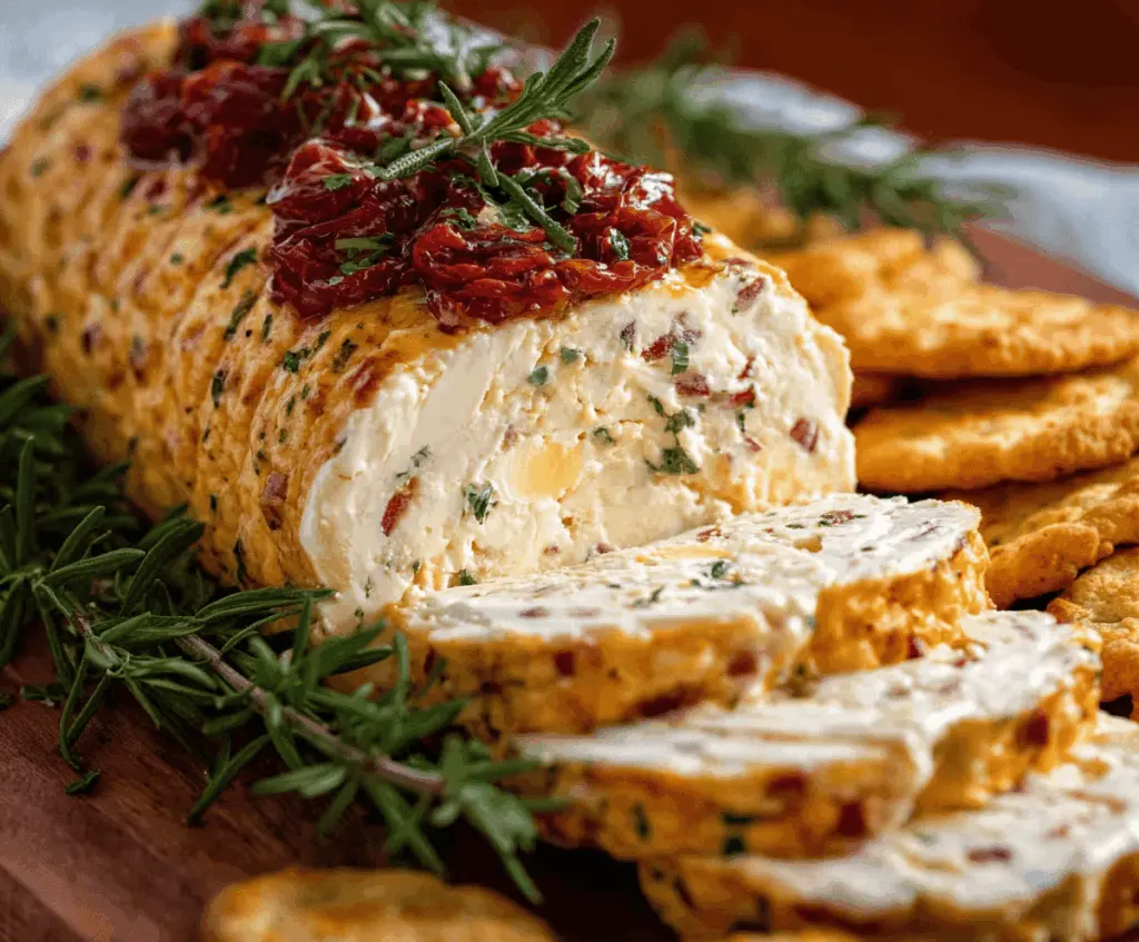 Creamy Italian Cheese Log garnished with fresh herbs, served as an appetizer for party gatherings.