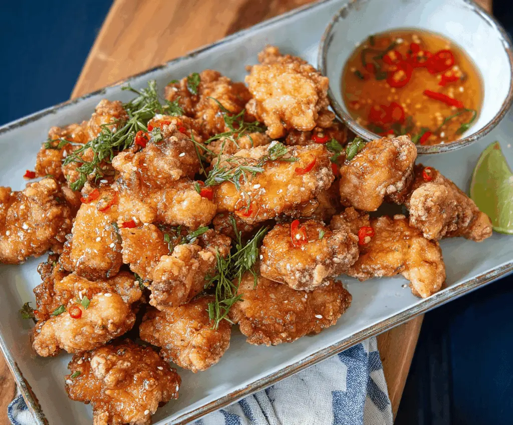 Golden crispy Japanese karaage chicken served with lemon wedges, perfect for a flavorful fried chicken recipe