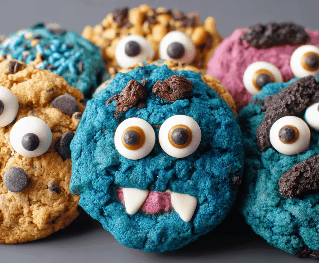 Delicious homemade Monster Cookies with colorful candies, oats, peanut butter, and chocolate chips on a baking sheet
