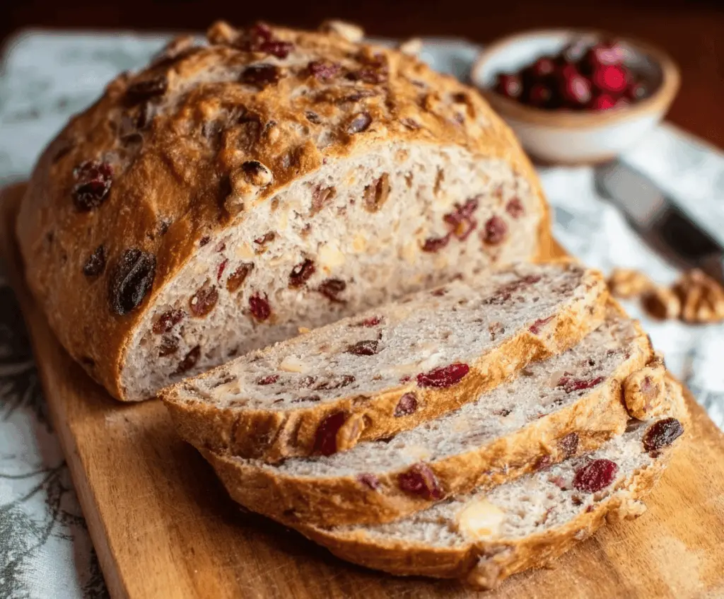 Golden no-knead cranberry walnut bread sliced open, showing juicy cranberries and crunchy walnuts inside, perfect for festive baking.