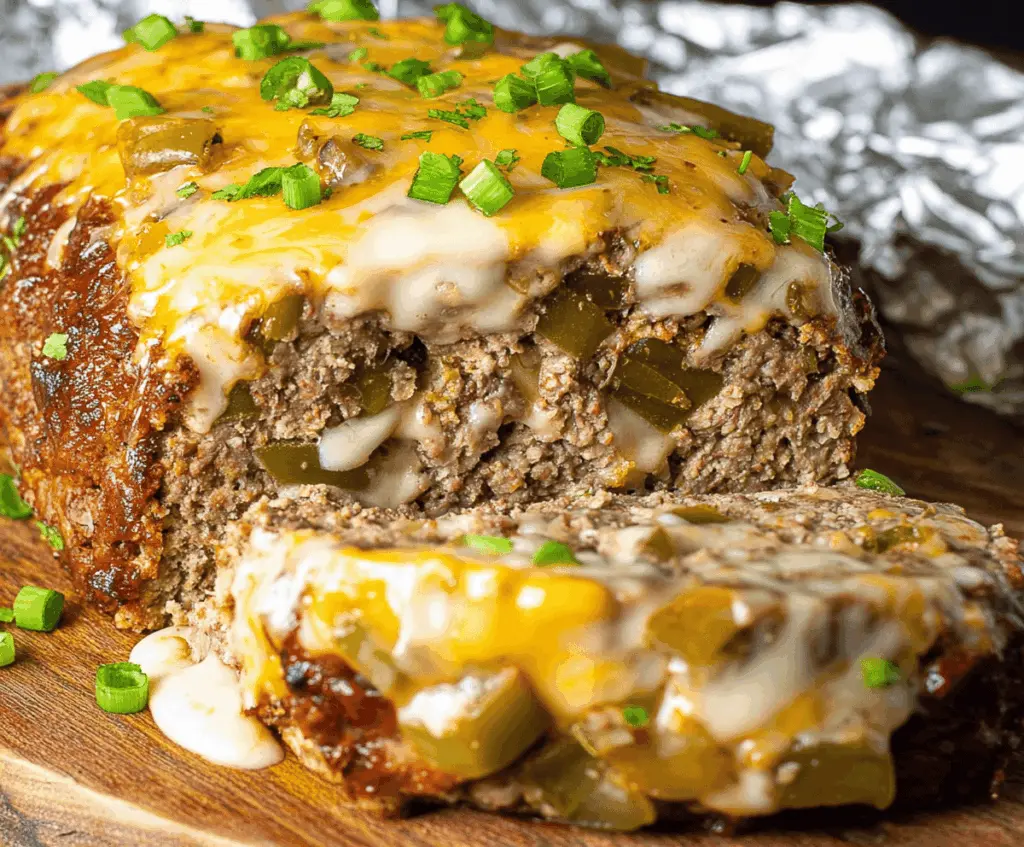 Delicious Philly Cheesesteak Meatloaf served on a white plate, showcasing melted cheese, peppers, and tender meat for a hearty dinner.