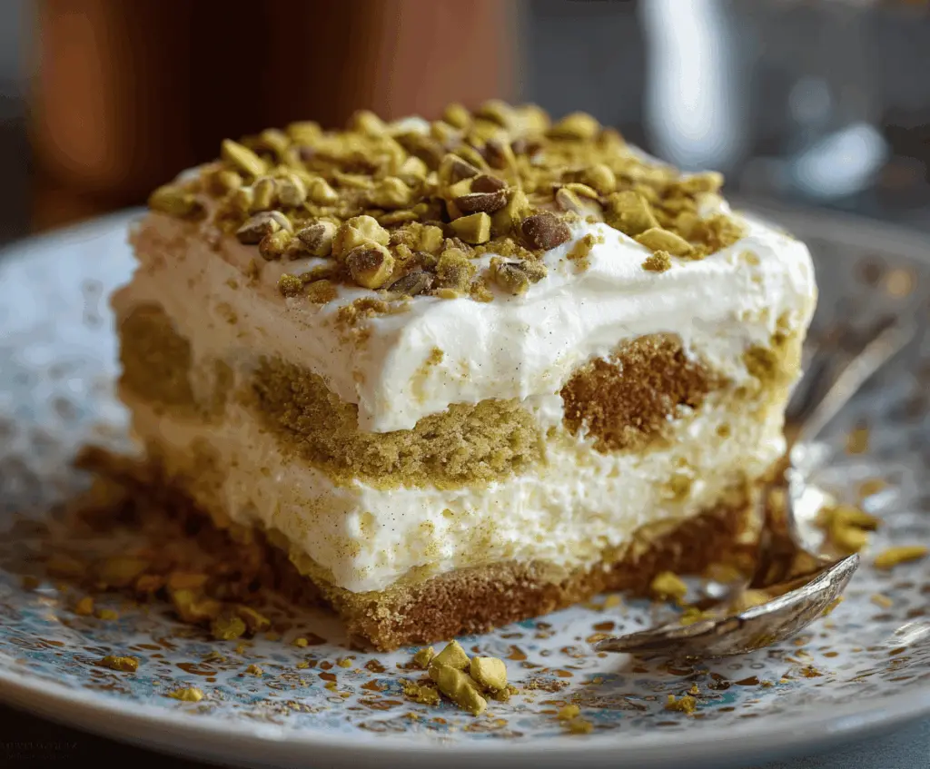 Delicious Pistachio Tiramisu served in a glass with layered mascarpone and crushed pistachios, garnished with whole pistachios and chocolate shavings, perfect for a decadent dessert.