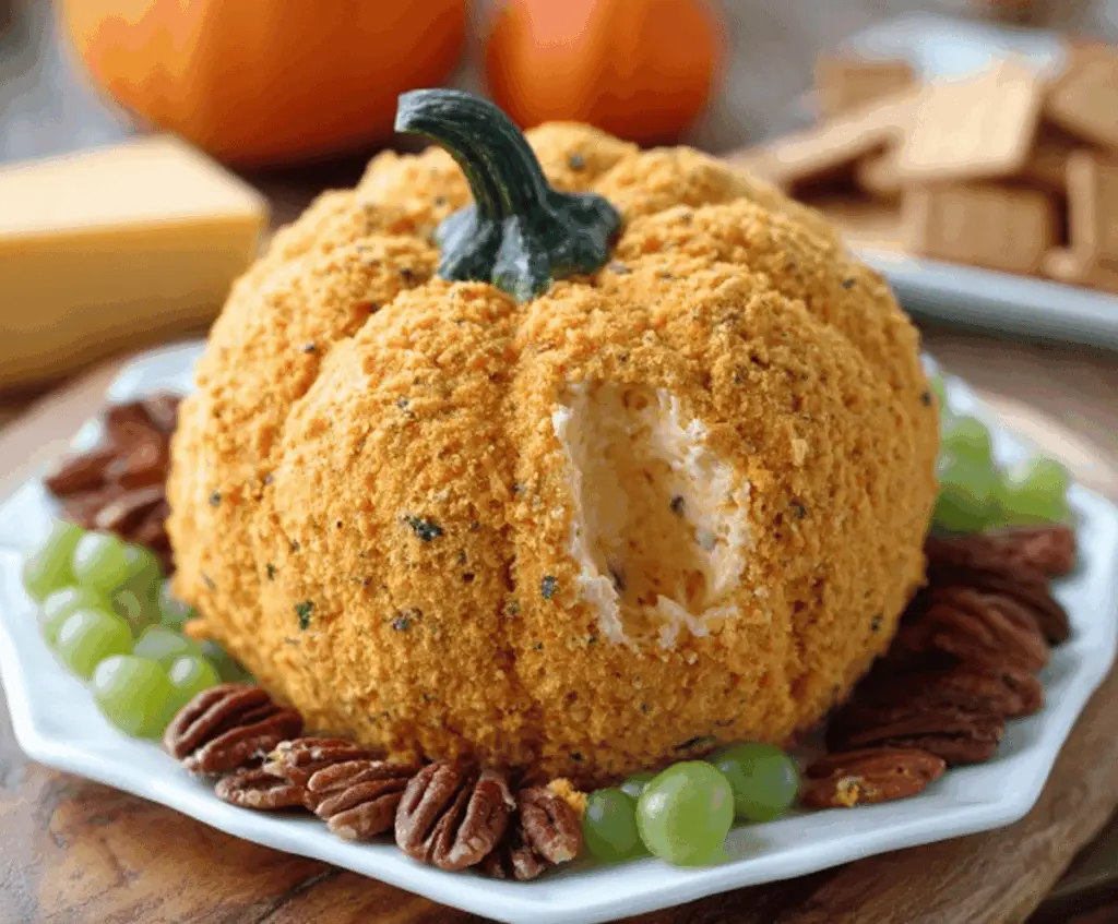Creamy pumpkin cheese ball decorated for fall, perfect as a festive appetizer or party spread.