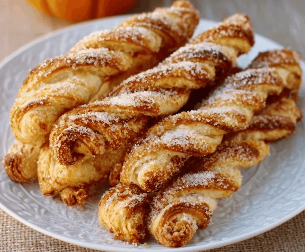Golden Pumpkin Pie Twists fresh out of the oven, topped with cinnamon sugar, served on a rustic wooden platter perfect for fall desserts.