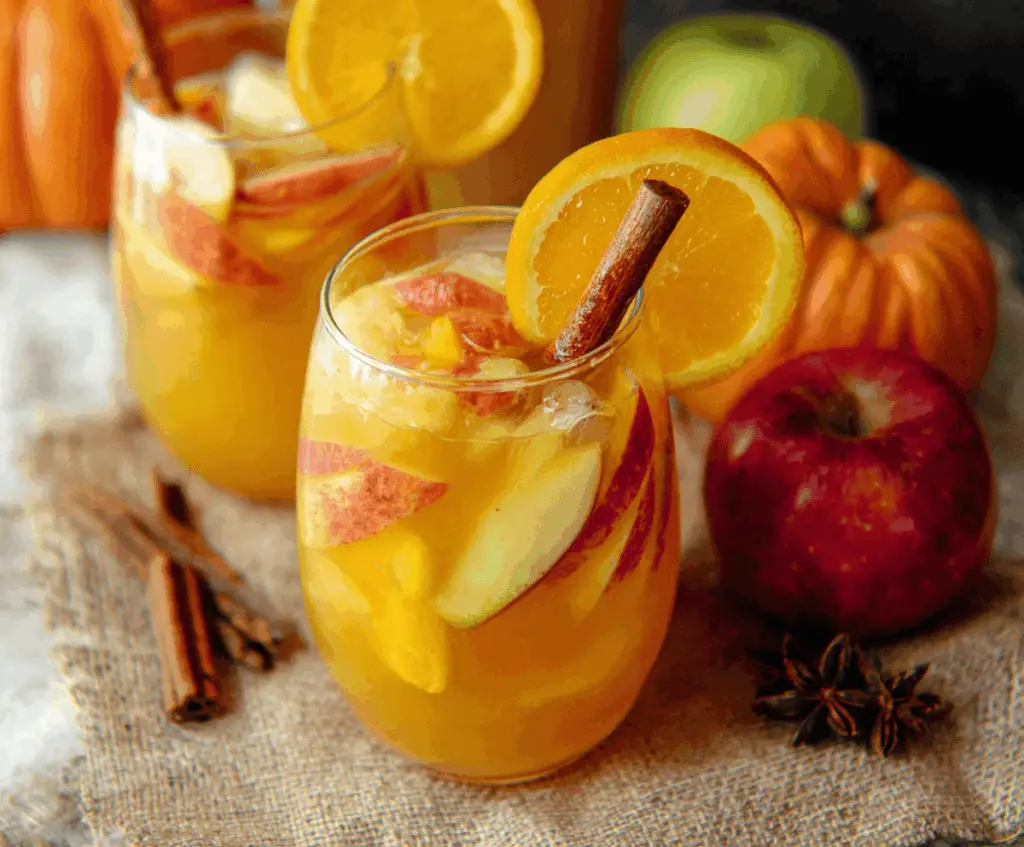 Refreshing Pumpkin Spice Sangria with slices of citrus and apples in a glass pitcher, perfect for fall gatherings.