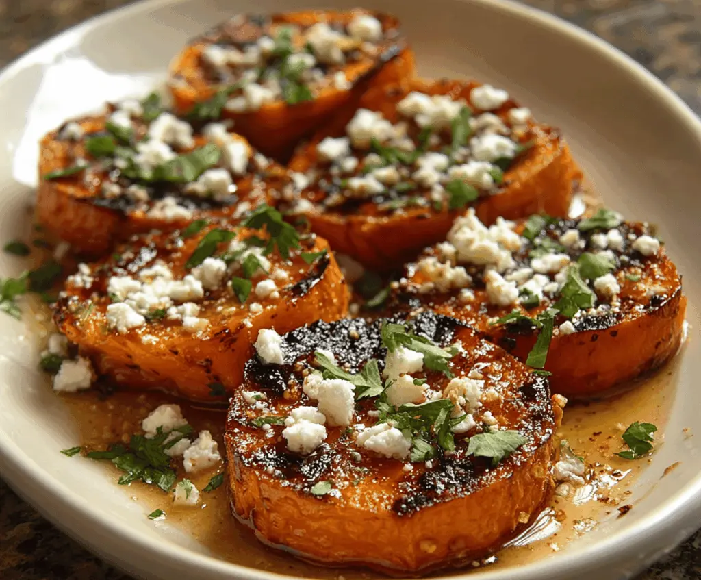 Roasted sweet potato rounds topped with honey and crumbled feta cheese, served on a white plate.