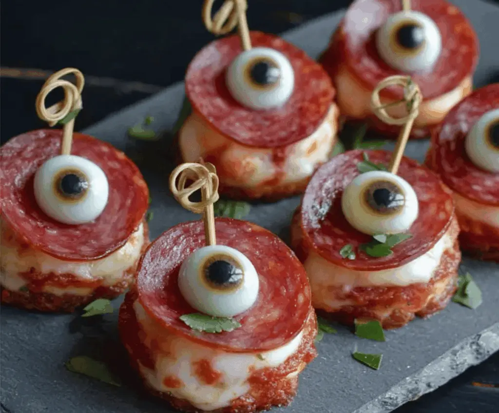 Salami and mozzarella eyeballs appetizer on a plate, perfect for Halloween parties, featuring sliced salami, mozzarella balls, and olive accents