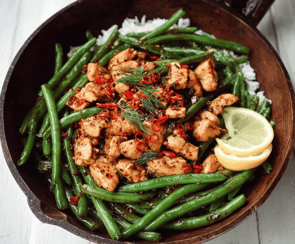Delicious spicy chicken and green bean stir-fry served in a bowl, showcasing vibrant green beans, tender chicken pieces, and red chili flakes for a flavorful Asian-inspired meal.